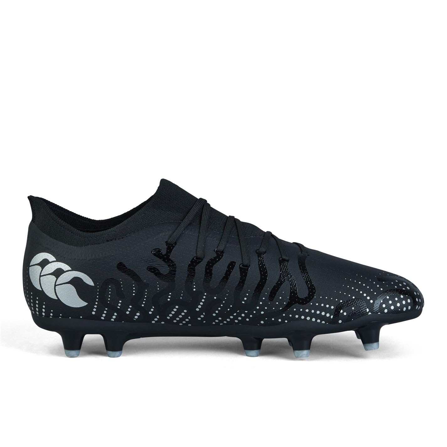 Canterbury Speed Infinite Pro Firm Ground Rugby Boots | Lightweight Design | Breathable | Grip Texture, Botas Unisex Adulto, Negro/Metálico Plateado, 40.5 EU