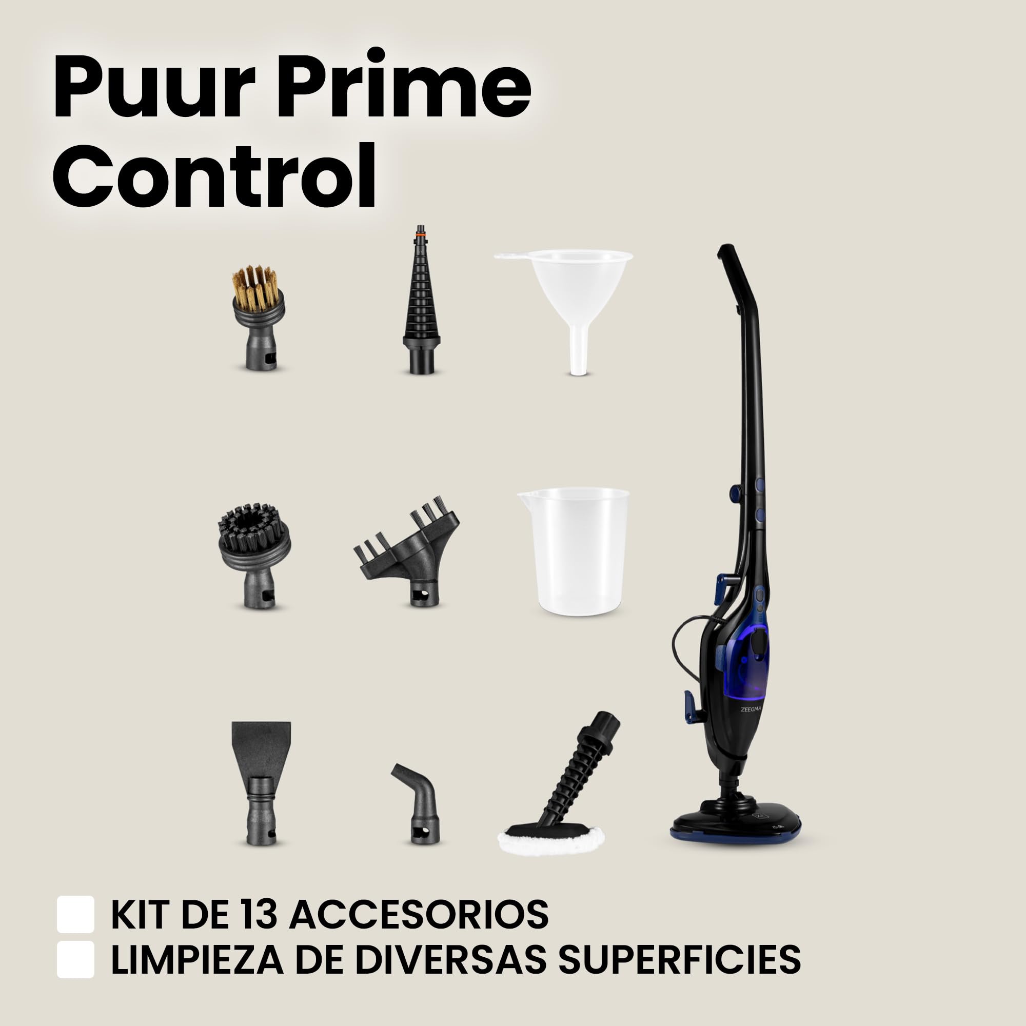 ZEEGMA Puur Prime Control – Mopa de Vapor 2 en 1 con 13 Accesorios, 1500 W, Depósito Extraíble 400 ml, Calentamiento 20 s, 3 Niveles de Vapor, Cabezal Giratorio, Cable 7 m – Limpieza sin Químicos