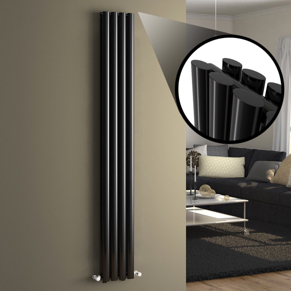 iBathUK Strata Wall-Mounted Vertical Double Oval Panel Radiator, 4 Column Steel High Thermal Output Hydronic Central Heating, Designer Modern Radiator in Gloss Black, 1800 × 236mm