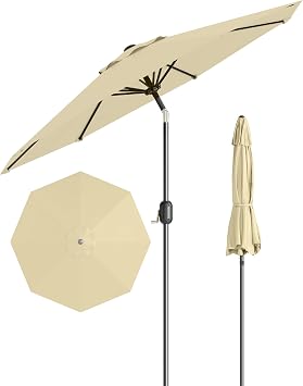 GarveeLife 9 ft Outdoor Patio Umbrella, Outdoor Table Umbrella, Market Umbrella with Push Button Tilt and Crank, 8 Sturdy Ribs UV Protection Waterproof for Garden, Deck, Backyard, Pool Beige