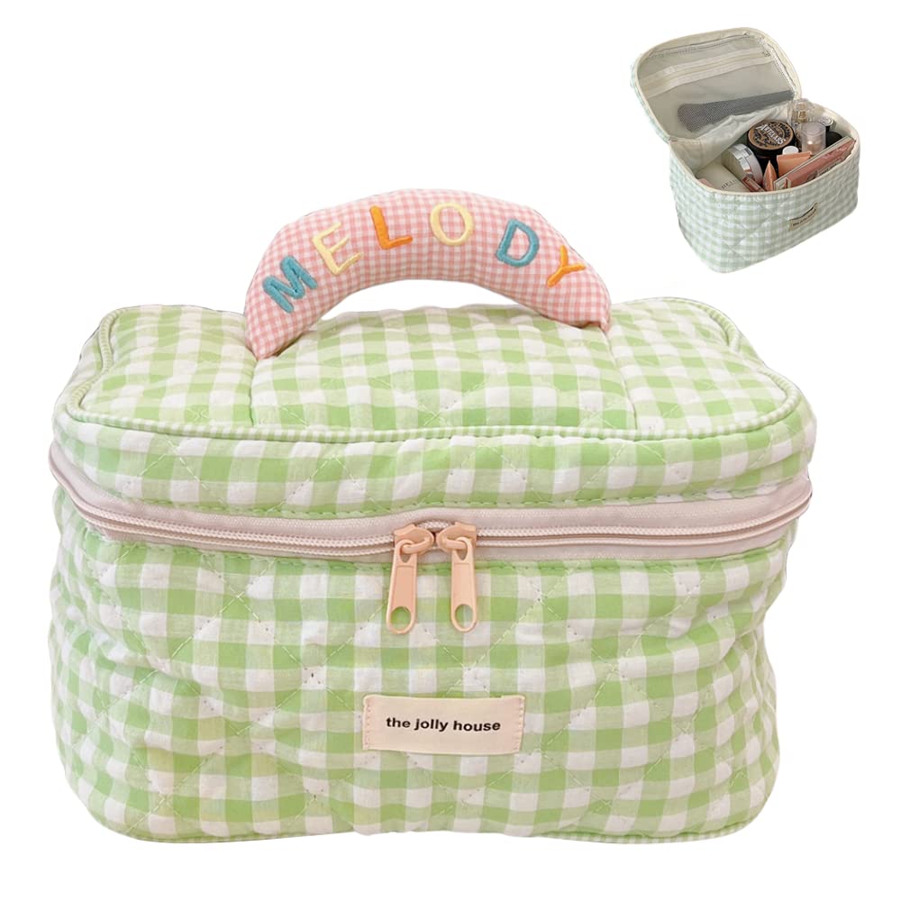 MALOOS BILIPOPX Aesthetic Kawaii Cute Cosmetic Bag Travel Cotton Makeup Organizer with Handle Toiletry Pouch for Women Teen Girls (Green Plaid)