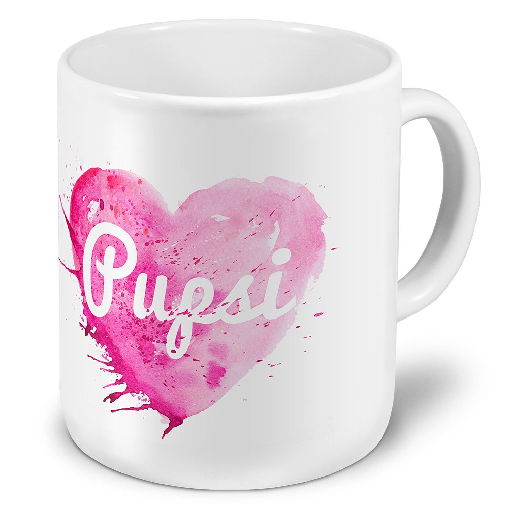 Personalisiert Tasse „Pupsi“ – Namenstasse Mit Color Paint Design, 200 Ml, Spülmaschinenfest, Aus Steingut, In Weiß