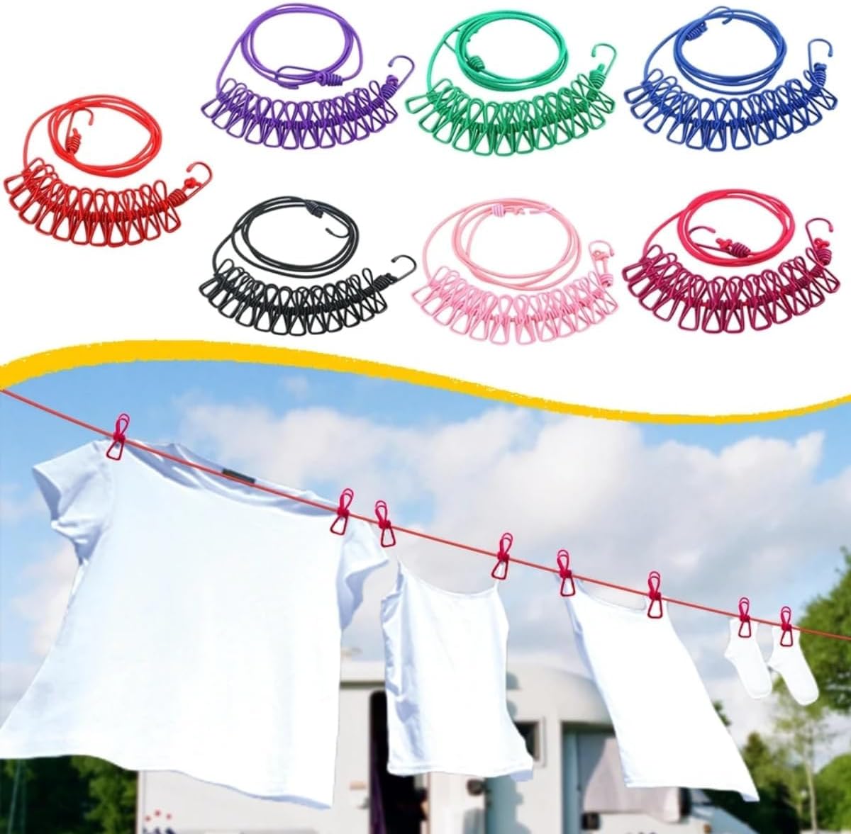 RYLAN Cloth Drying Rope with Hooks (Pack of 1) Elastic Cloth Hanging Rope for Cloth Drying with 12 Clips Cloth Rope for Drying Clothes for Travel Home Outdoor Kapde Sukhane ki Rassi Wire -Multicolor