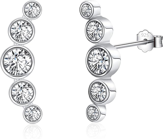 Silver Stud Earrings for Women, Sterling Silver Ear Curve Climber Studs Hypoallergenic Cubic Zirconia Stud Earrings Jewellery Gifts for Girls (Silver, Gold, Rose Gold)