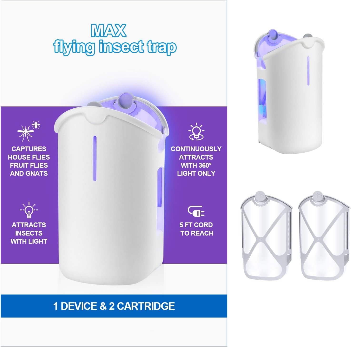 MAX Flying Insect Trap, Attracts and Traps Flying Insects Fruit Flies Mosquitoes, Compatible with MAX Bug Catcher M364A Refill(1PACK)