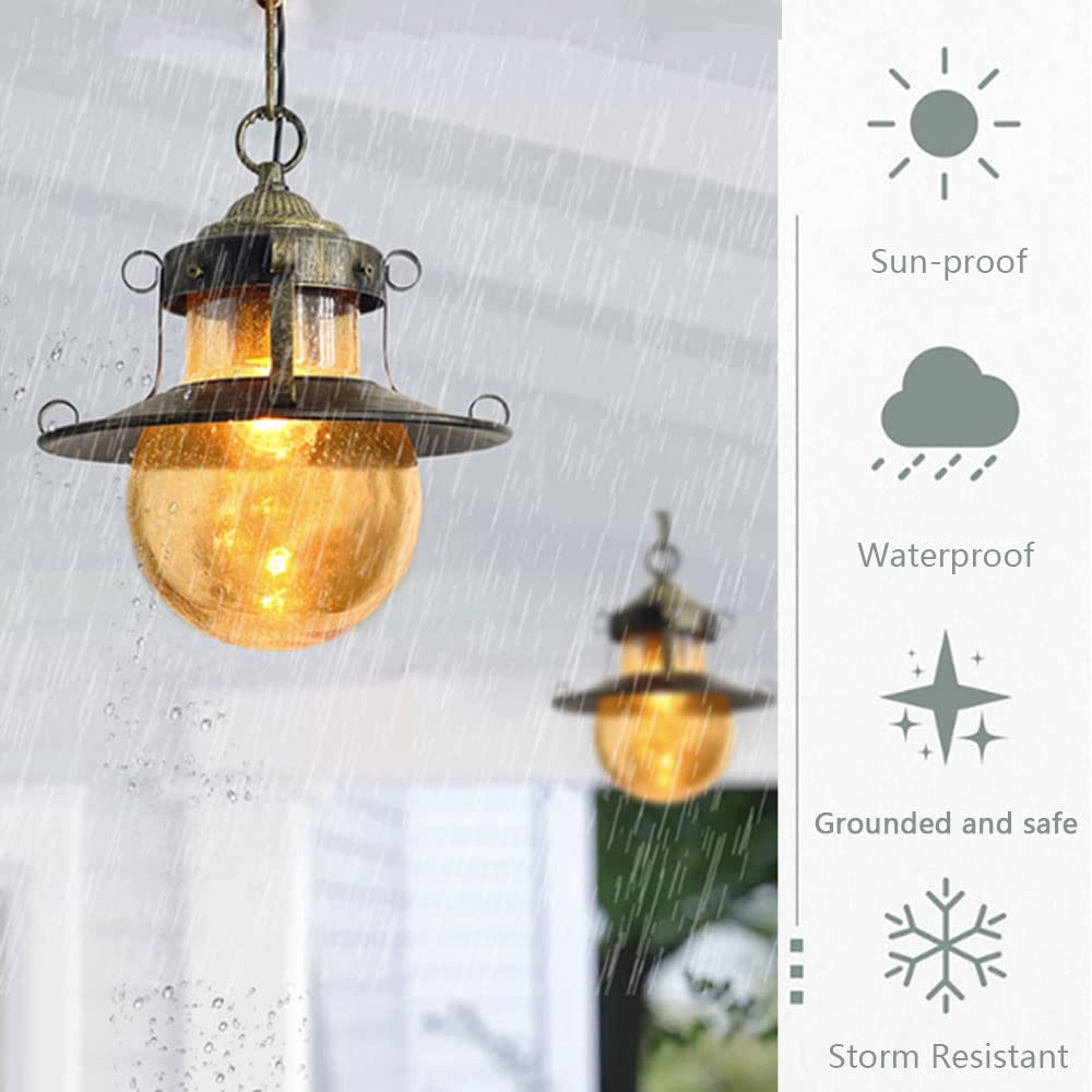 Zewnętrzna lampa wisząca, oprawa ganek z malowanego brązowego metalu z bursztynową szklaną kulą, zewnętrzna wisząca latarnia z uchwytem E27 do altany, wejścia, podwórka