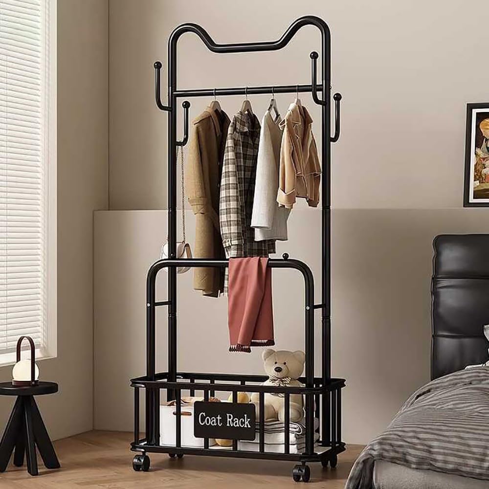 Porte-manteau en métal avec roulettes et banc de rangement intégré pour entrée moderne