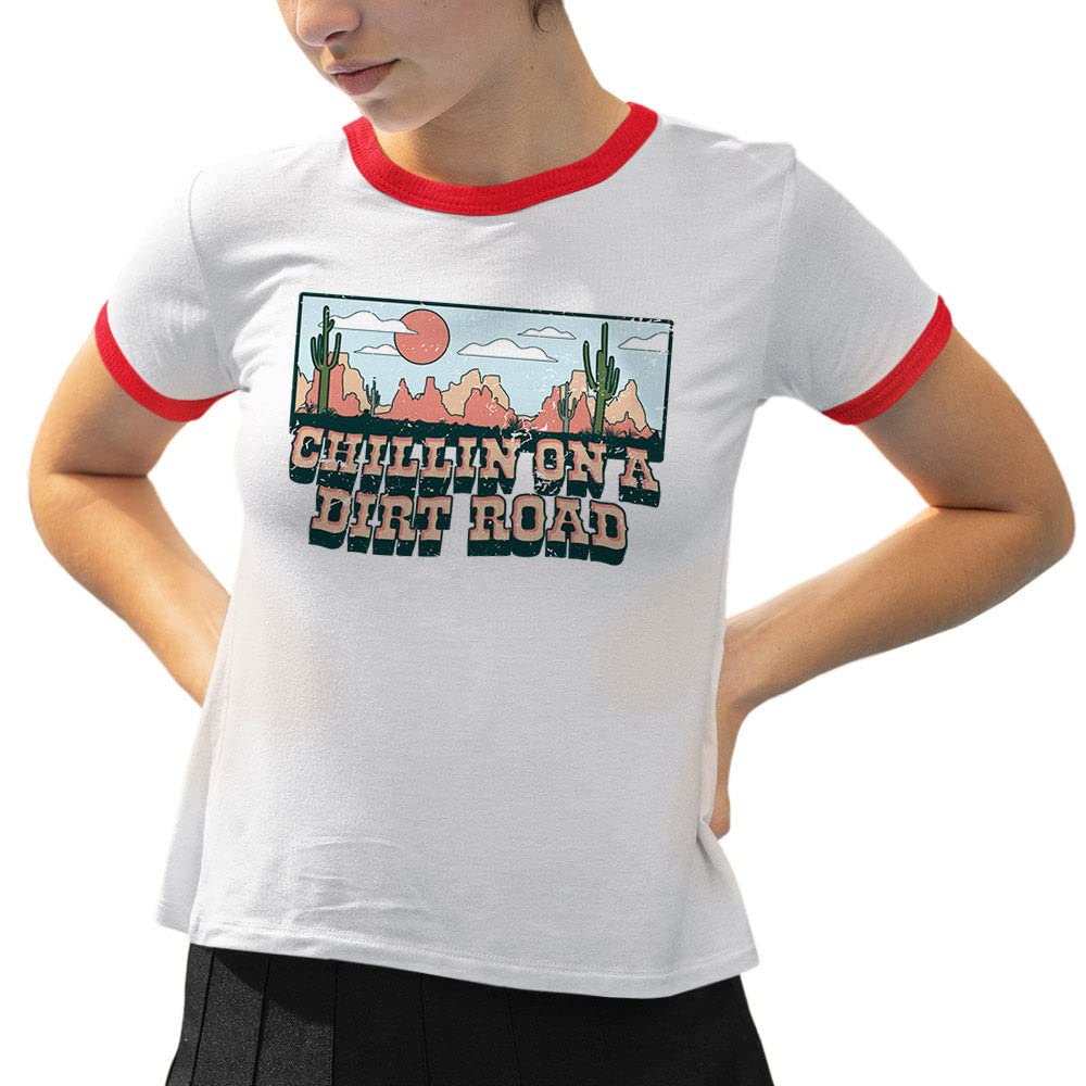 Chillin on a Dirt Road Ringer Tee Shirt Unisex Large White/Red