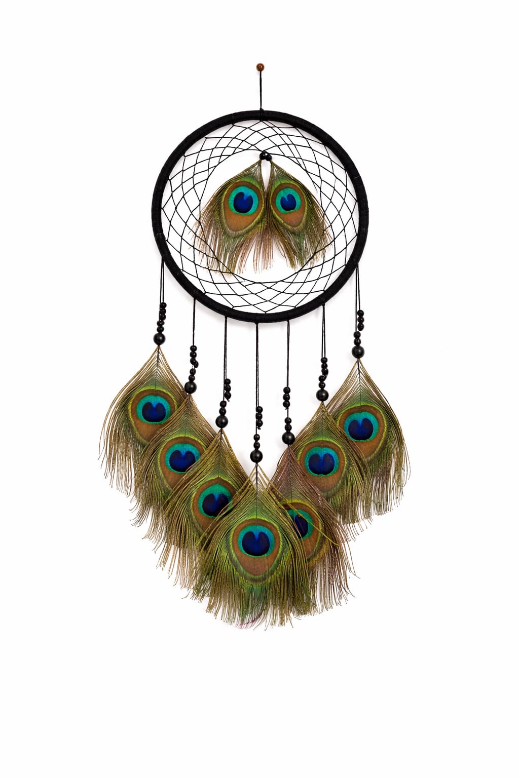 the urban artistic original handicrafts peacock feather wall decor dream catcher for bedroom, living room, natural wall decor, wall hanging multicolor dreamcatcher positive energy (18/45 cm) black