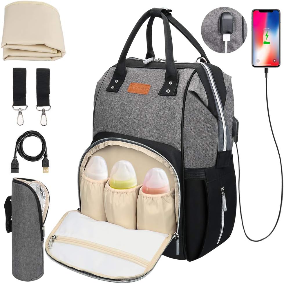 Baby Changing Bag, OUTOPE Large Capacity Baby Diaper, Multifunction Nappy Rucksack Backpack Waterproof with USB Port Insulated Pockets, Stroller Straps,Changing Mat (Black+Gray)