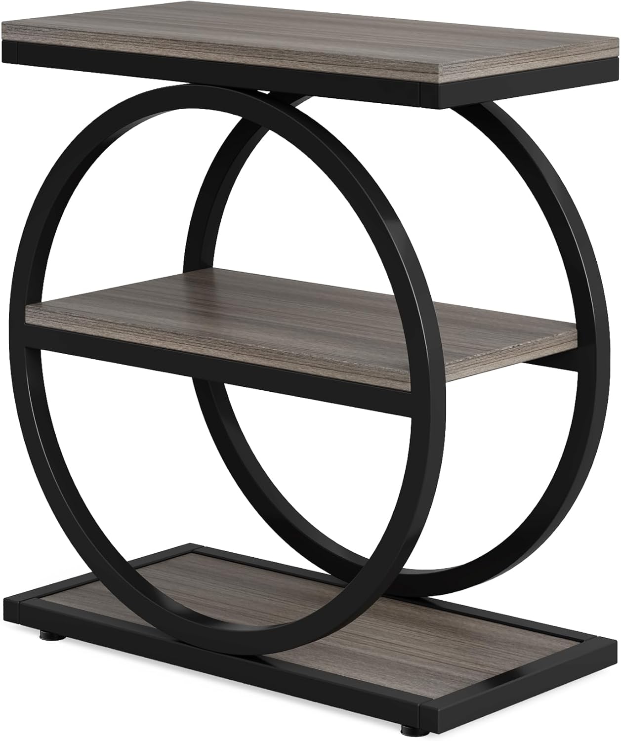 LITTLE TREE 3-Tier End Table Set 2, Grey Side End Table with Storage Shelves, Small Sofa Side Table for Living Room, Slim Nightstand and Bedside Table with Black Double Round Metal Legs