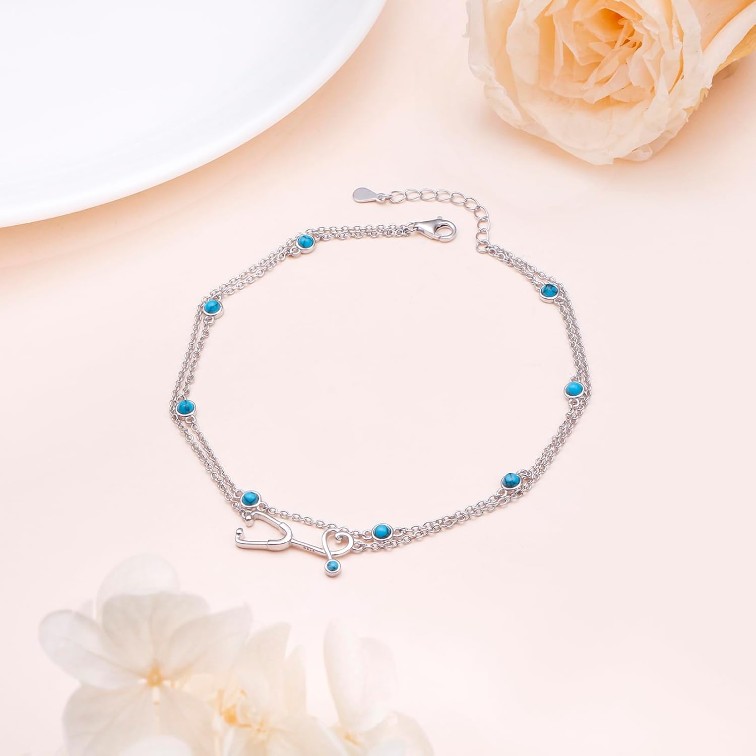 Ladytree Anklet for Women 925 Sterling Silver Adjustable Foot Chian Beaded Heart Charm Ankle Bracelet Anklets Jewelry Birthday Gifts