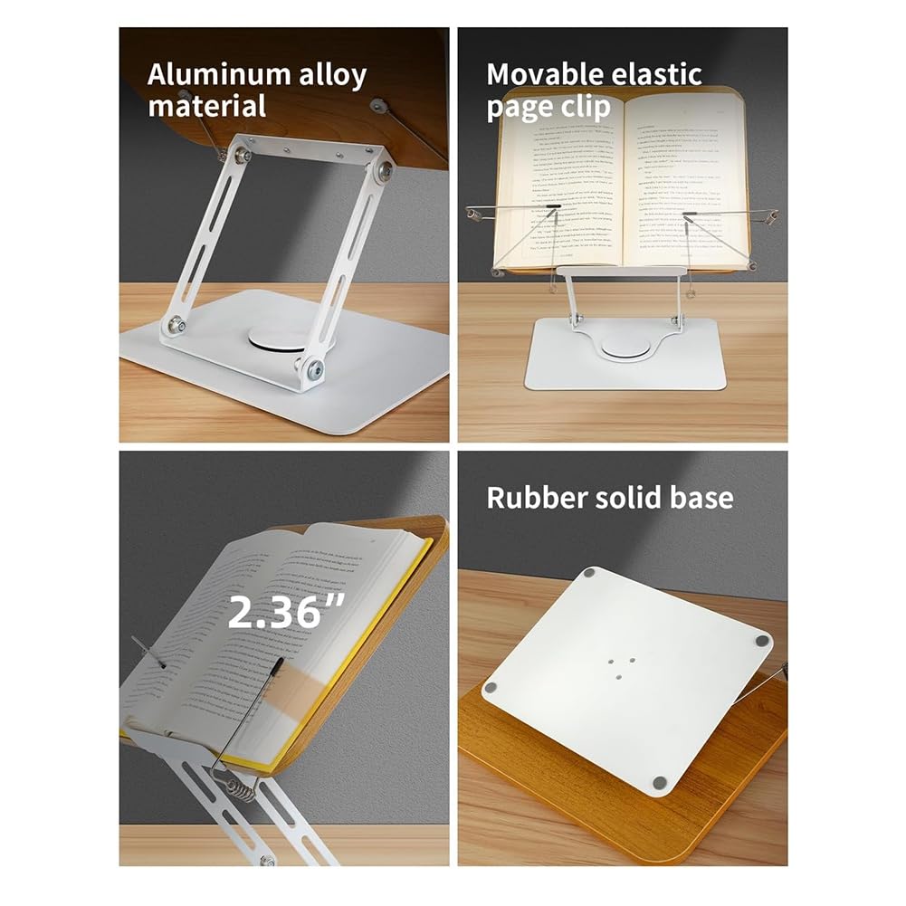 Stojak na książkę do czytania, regulowany uchwyt na książkę z obrotową 360° podstawą i składanym stojakiem na biurko ze stopu aluminium + drewno bambusowe na książki, przepisy kulinarne