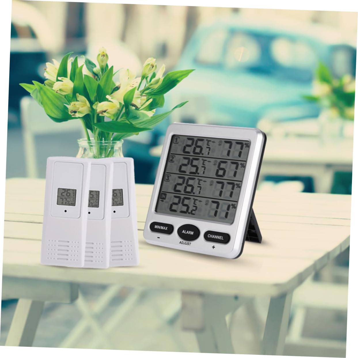 Termoigrometro Wireless Bianco Modello Ws-10 con Ricevitore e 3 Sensori | Plastica, Trasmissione senza Fili, Misurazione Accurata, per Allevamento e Cantina del Vino