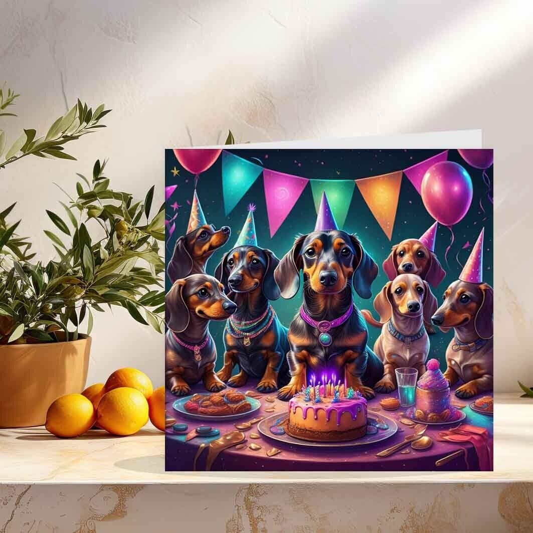 Biglietto Di Compleanno Con Bassotto, 145x145 Mm, Su Cartoncino 350g/m² Con Busta, Progettato In Inghilterra