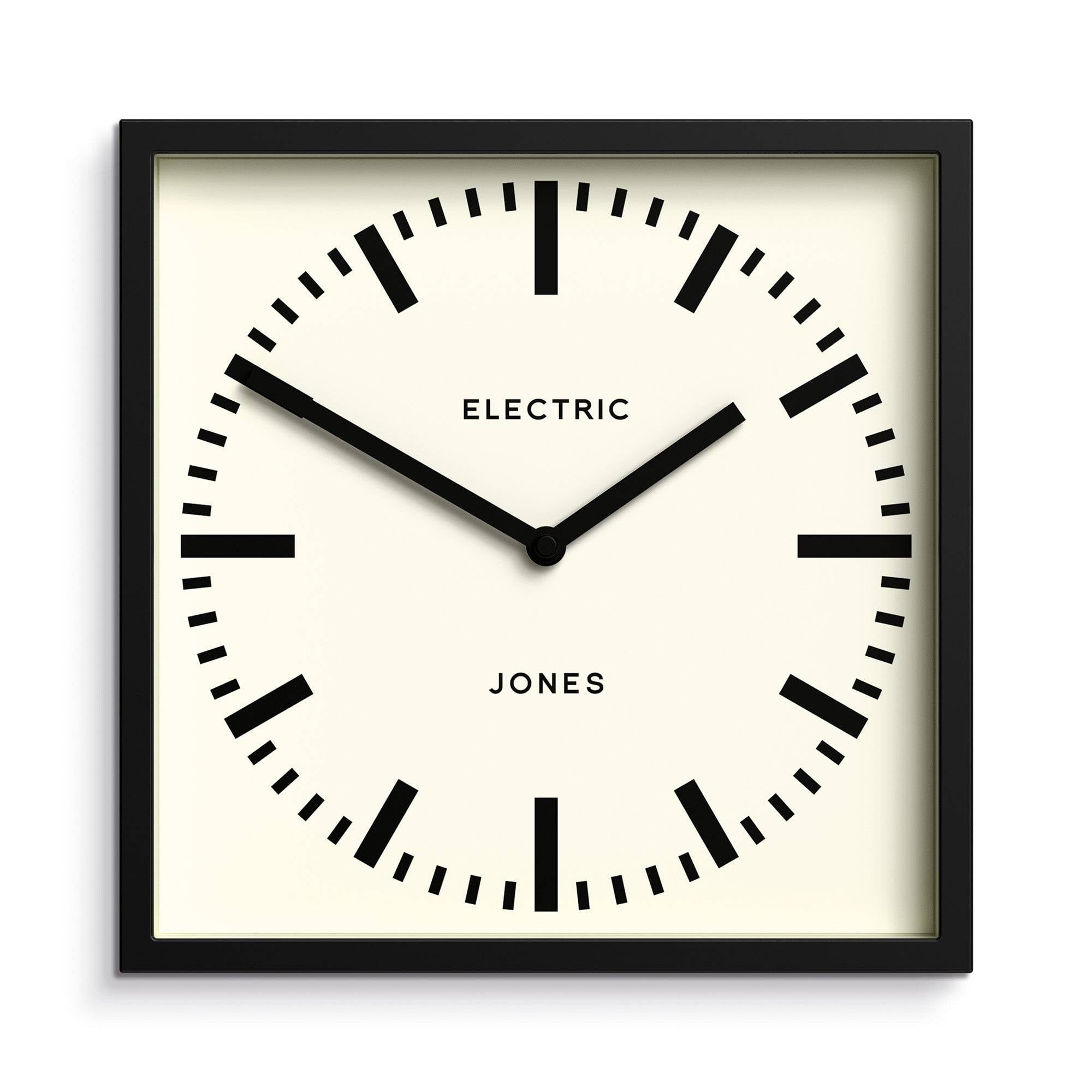 JONES CLOCKS® Box Railway Wall Clock | Square Station Clock | 10 inch | Black | Cool Designer Look for Kitchen, Living Room or Office