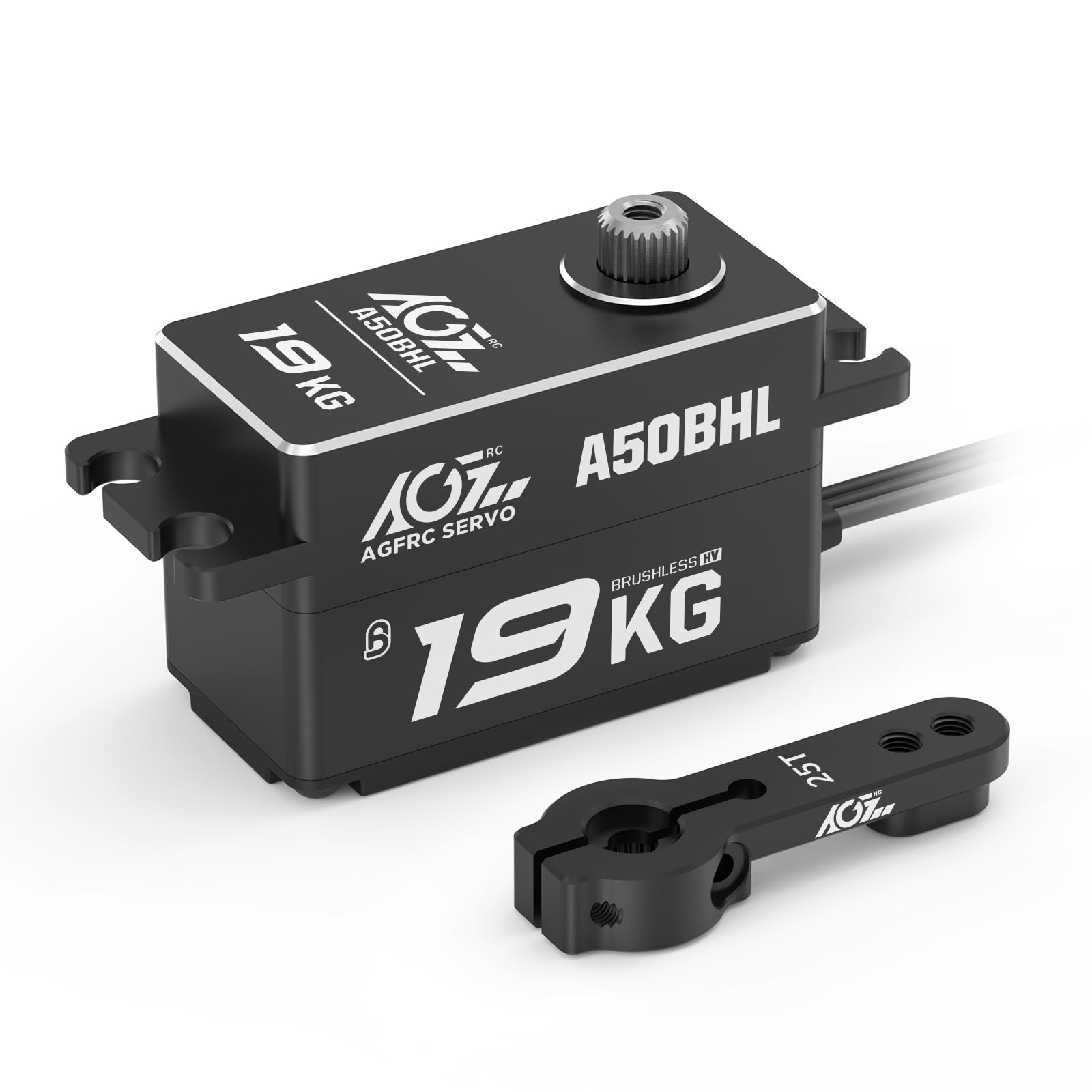 AGFRC 19KG Low-Profile Programmable RC-Steering-Servo - 0.073Sec High Speed Full Metal Gear Brushless Black Servo with 25T Metal Servo Horn for 1/10 RC Drift Car, Control Angle 180° (A50BHL)