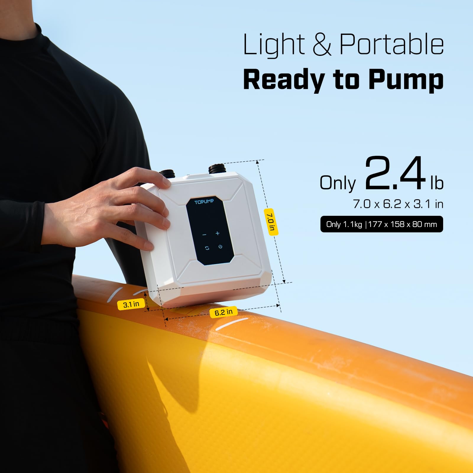 TOPUMP Pompa SUP Ricaricabile, 20PSI portatile senza fili | Doppio stadio, gonfiaggio e sgonfiaggio, spegnimento automatico, a batteria, 7 ugelli, per kayak, barche, tende
