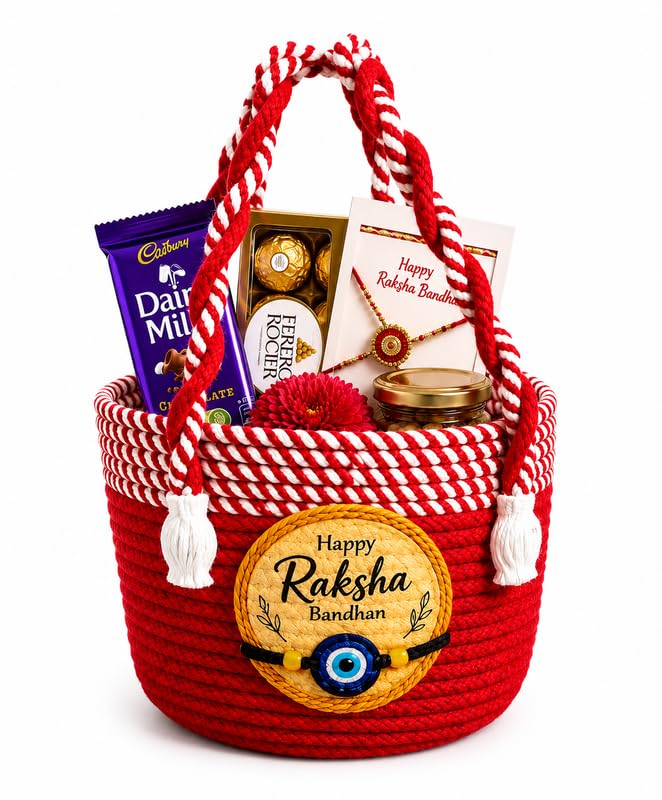 Image of BROOM Raksha Bandhan Gift Hamper Basket | Handmade Cotton Rope Storage Basket with Handle | Decorative Organizer for Chocolates, Dry Fruits, Return Gifts, Home Decor & Festive Celebration (Cherry Red)