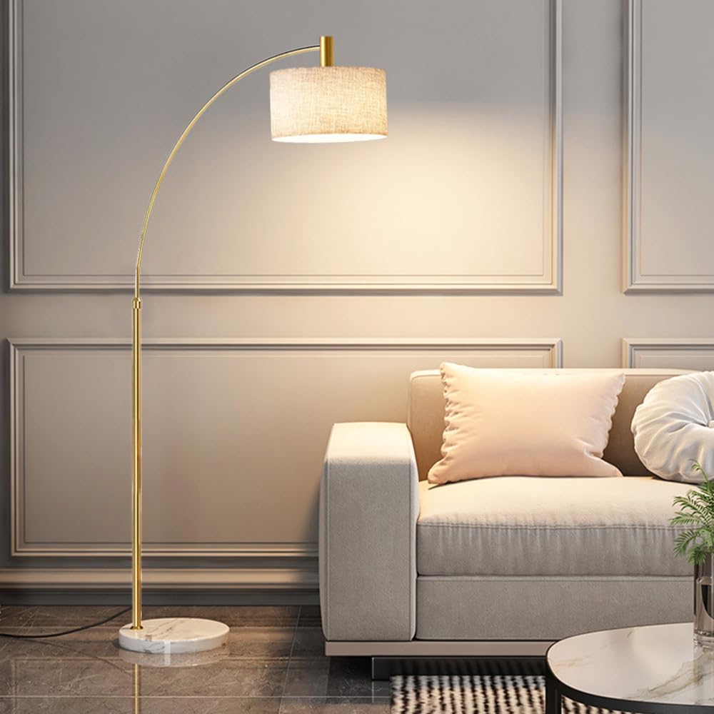 Lampada terra ad arco nordico paralume in tessuto luce regolabile attacco in marmo, lampada verticale lampada soggiorno palo alto per la lettura sul comodino Vintage Piantana (LED incluso)