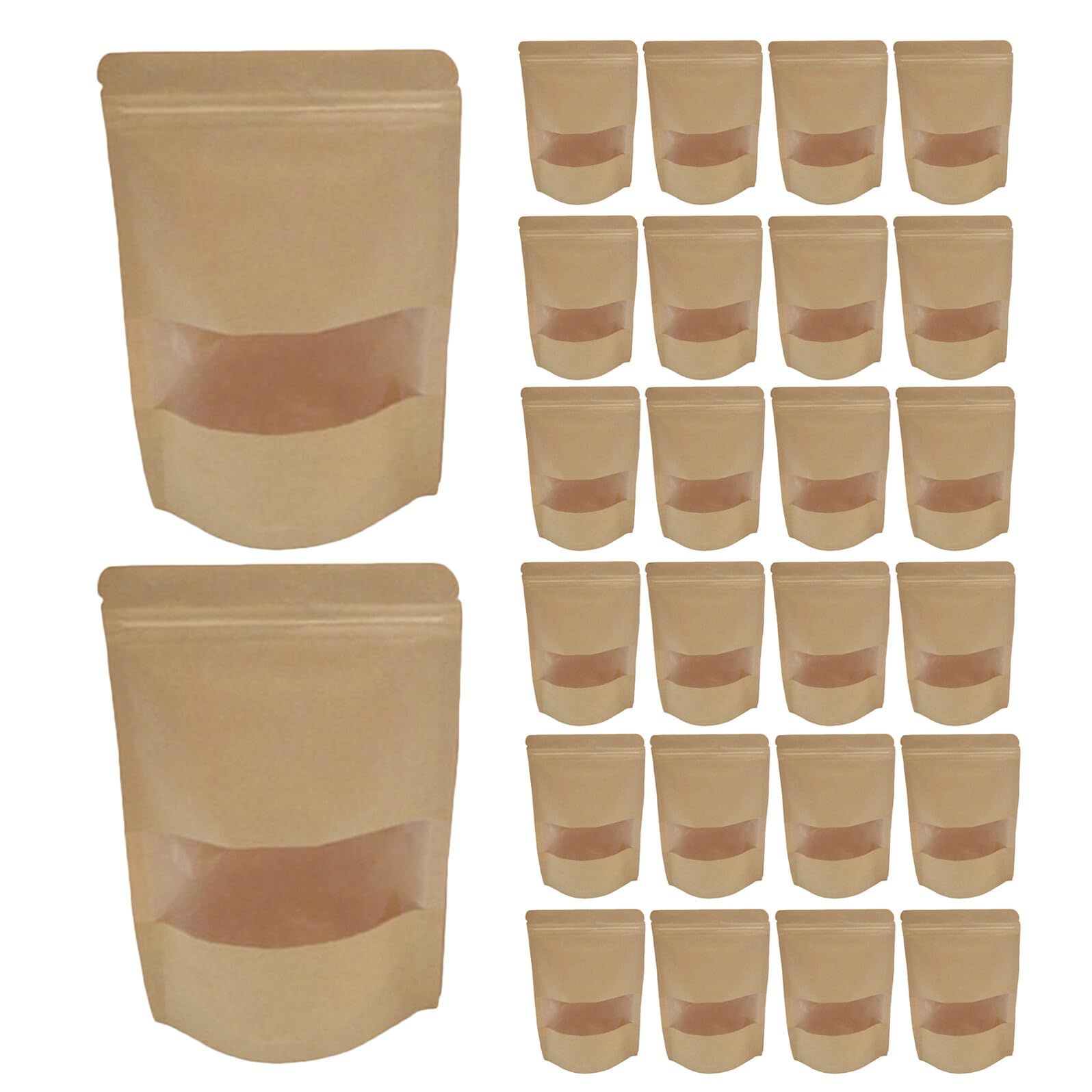 50 pièces Sachets Papier Kraft avec Fenêtre Transparente et Fermeture Zip Réutilisables Sacs de Rangement Alimentaire Autoportants pour Snacks Biscuits Bonbons Fromage et Thé