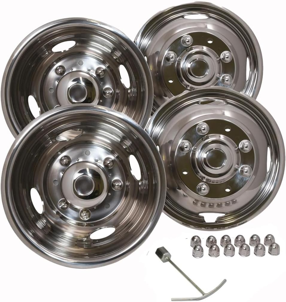 Fuel Rider Set of 4 Polished Stainless Steel Wheel Simulators Compatible with 05-05 Ford Superduty 8 Lug, Jam Nut, Full Set Wheel Covers