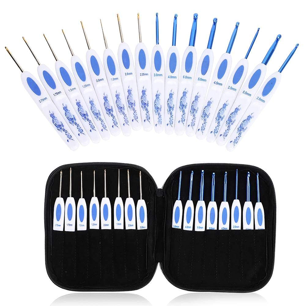 Set Da 16 Ferri Uncinetti In Porcellana Bianca E Blu Con Custodia - Tutte Le Taglie Da 1.0 A 6.0 Mm