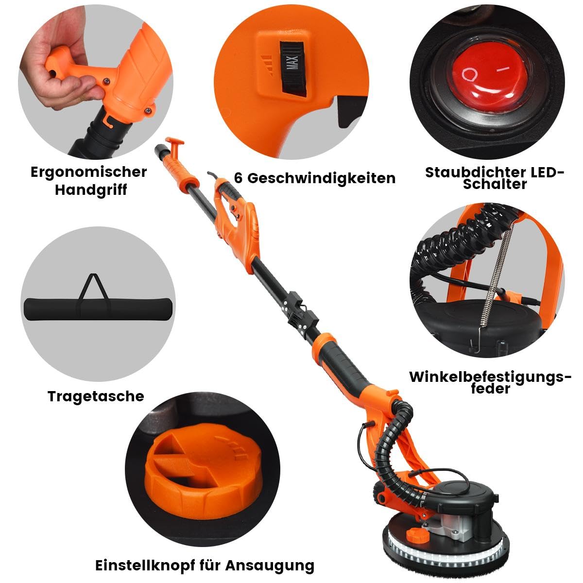 SOARS - Lijadora de jirafa 750 W, Ø250 mm, 6 velocidades, 800-1750 rpm, mango telescópico, luz LED, bolsa para polvo, 12 hojas abrasivas, jirafa lijadora para pared y techo