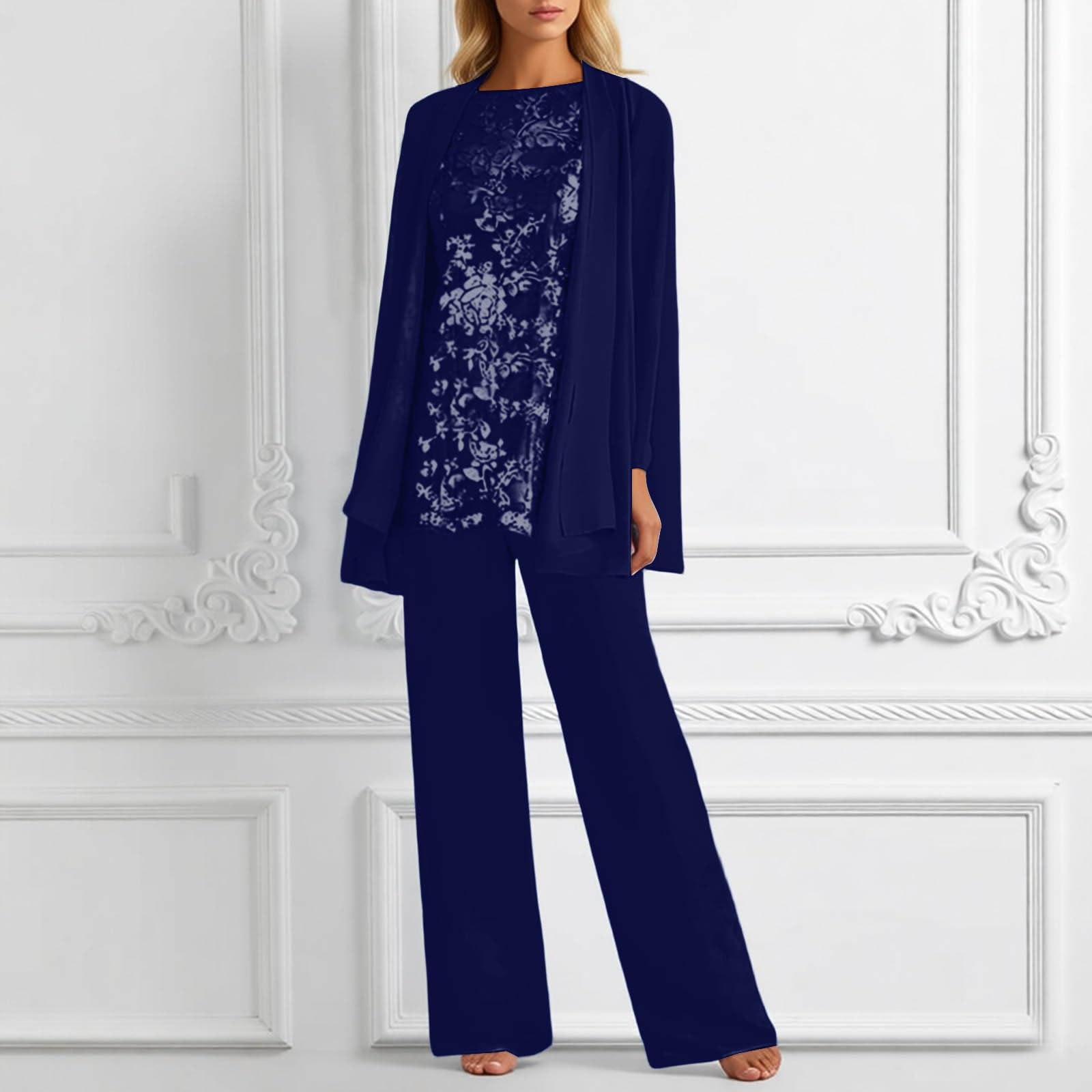 Tuta da donna a 3 pezzi, per il tempo libero, elegante, in pizzo, cardigan a maniche lunghe e pantaloni, in chiffon, per la madre della sposa, per matrimonio, cocktail, elegante abito da