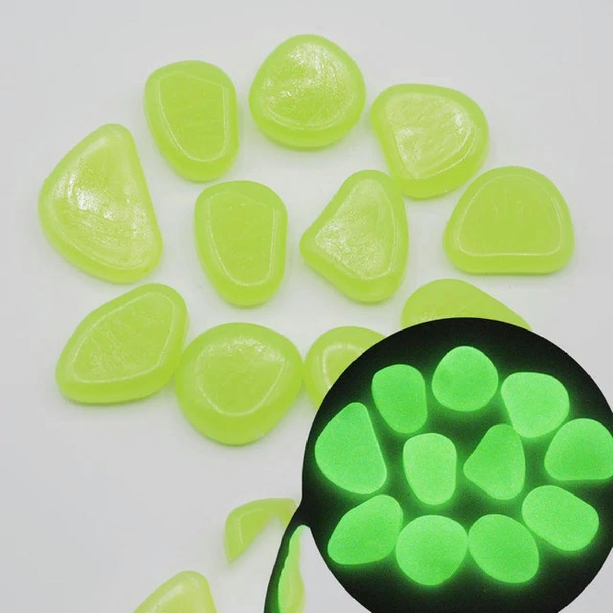 Piedras luminosas para jardín que brillan en la oscuridad, guijarros para peces al aire libre, rocas de guijarros para acuario, mezcla de colores, 400 piezas, verde claro