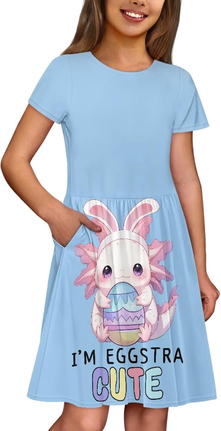 Kids Short Sleeve Dresses Casual Twirly Skater Dress with Pockets for Girls 3-14 Years Old - Image 2