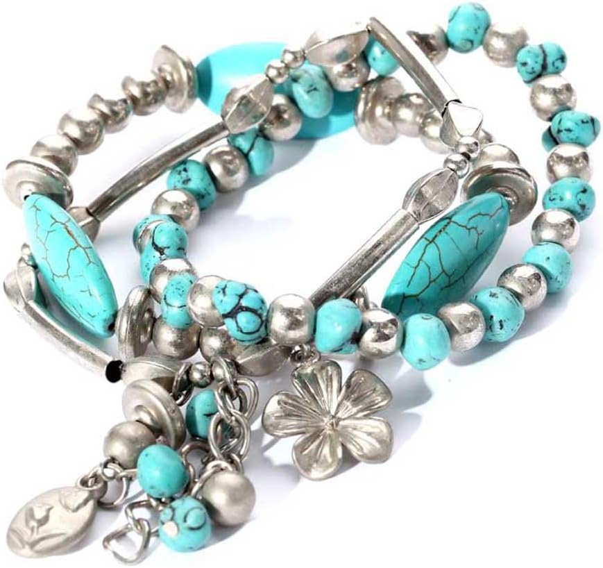 YAZILIND Jewelry Turquoise Tibetan Sliver Stretch Overlap Bracelet Bangle for Women