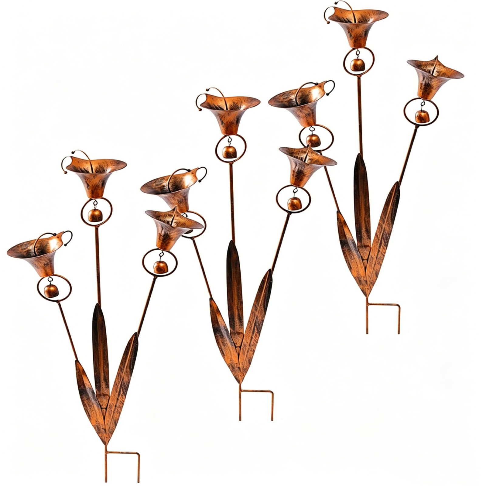 CLBDRESS New Flamed Copper Three Calla Lilies Garden Stake with Bells, Handmade Whimsical Rain Catcher Flower, Rustic Wind Chime Yard Ornament for Backyard Accents Garden Pathways