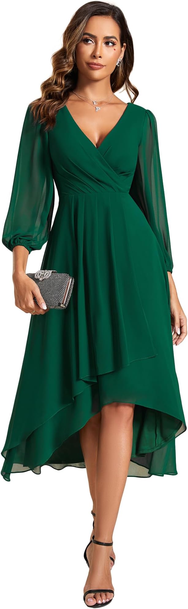 Ever-Pretty Women's Chiffon V Neck Long Sleeves A-Line Midi Length Wedding Guest Dress Cocktail Party Formal Dresses 01926