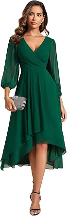 Ever-Pretty Womens Chiffon V Neck Long Sleeves A-Line Midi Length Wedding Guest Dress Cocktail Party Formal Dresses 01926