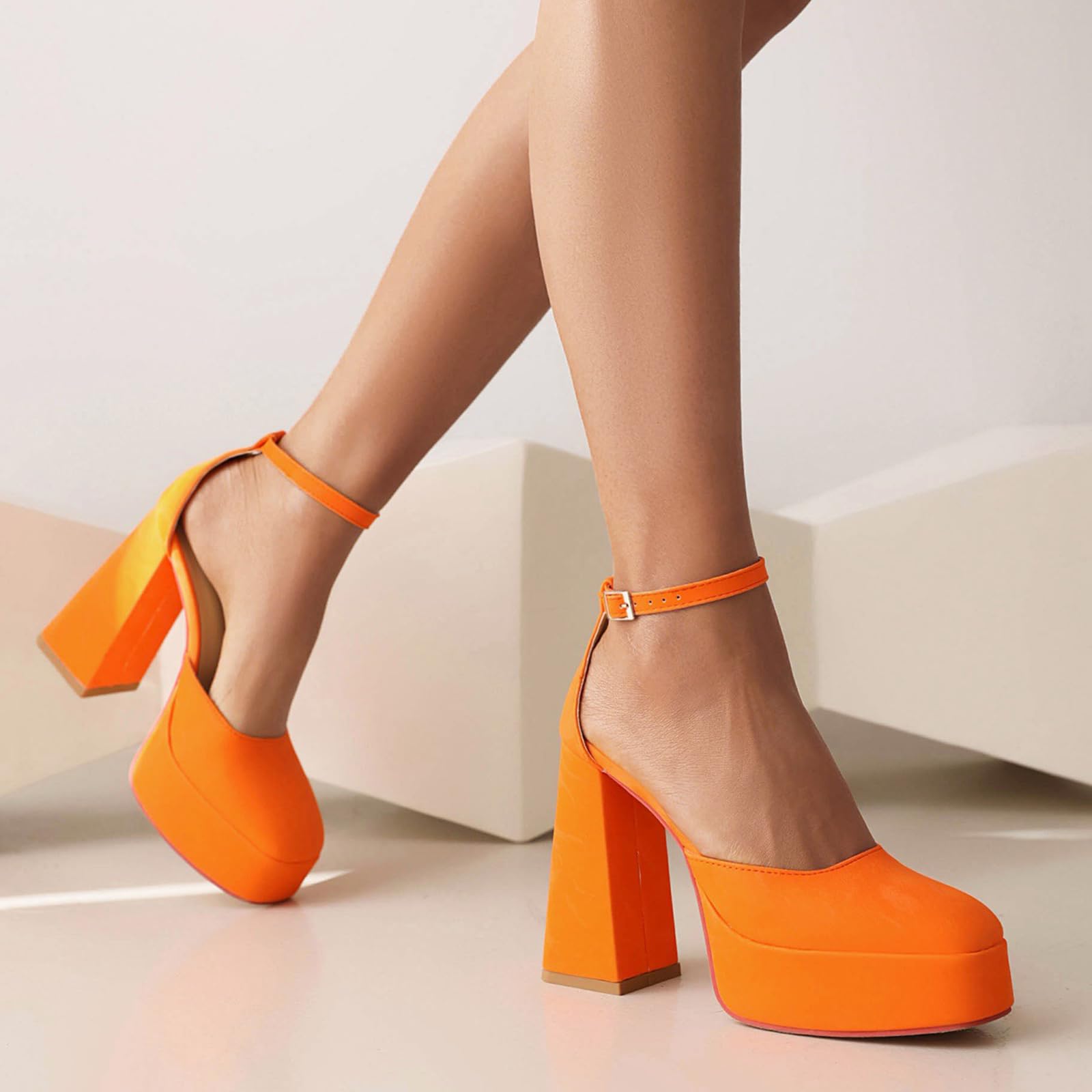 Zapatos de tacón grueso de 12 cm con correa de tobillo y puntera cerrada