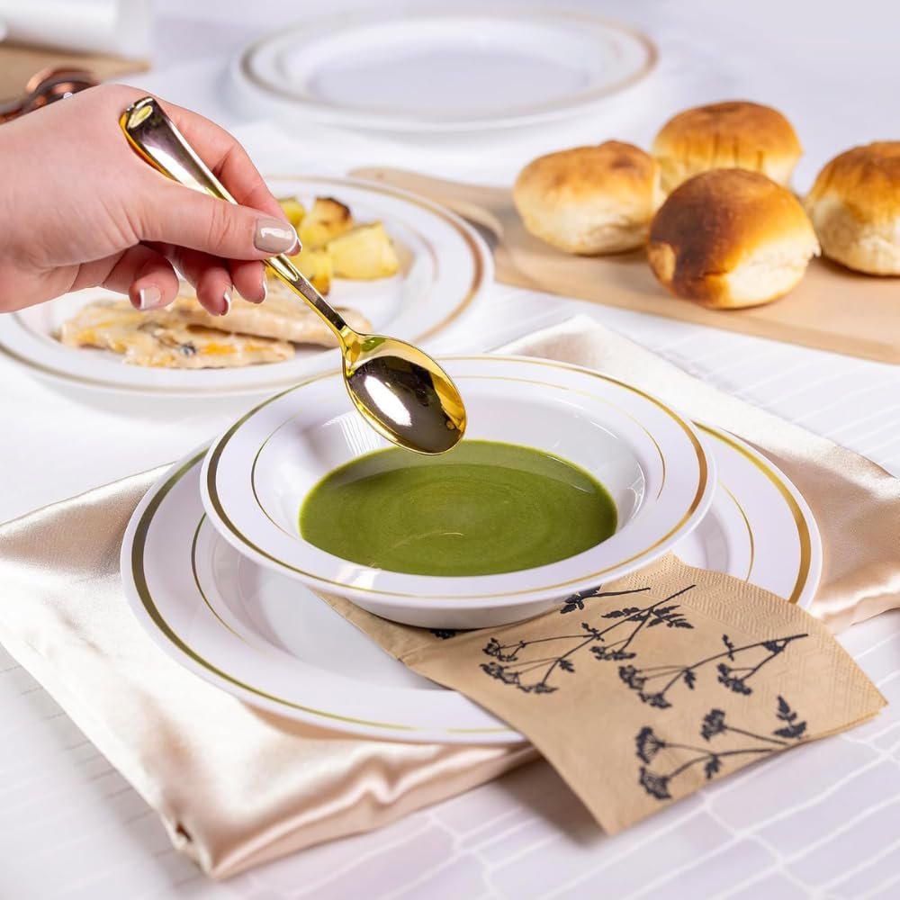 Elegante set di 150 posate in plastica dorata, 50 cucchiai, 50 forchette e 50 coltelli, resistenti, lavabili e riutilizzabili, posate dorate per compleanni, feste, matrimoni ed eventi