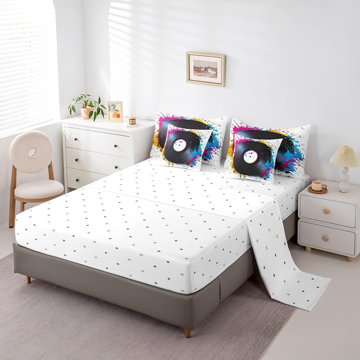 Erosebridal Music Theme Bed in A Bag Vinyl Record Bedding Set 7 Pcs Hip-Hop Graffiti Art Bedding Comforter Sets Full Size Watercolor Tie Dye Comforter Set with Flat Sheet,Fitted Sheet and Pillowcases
