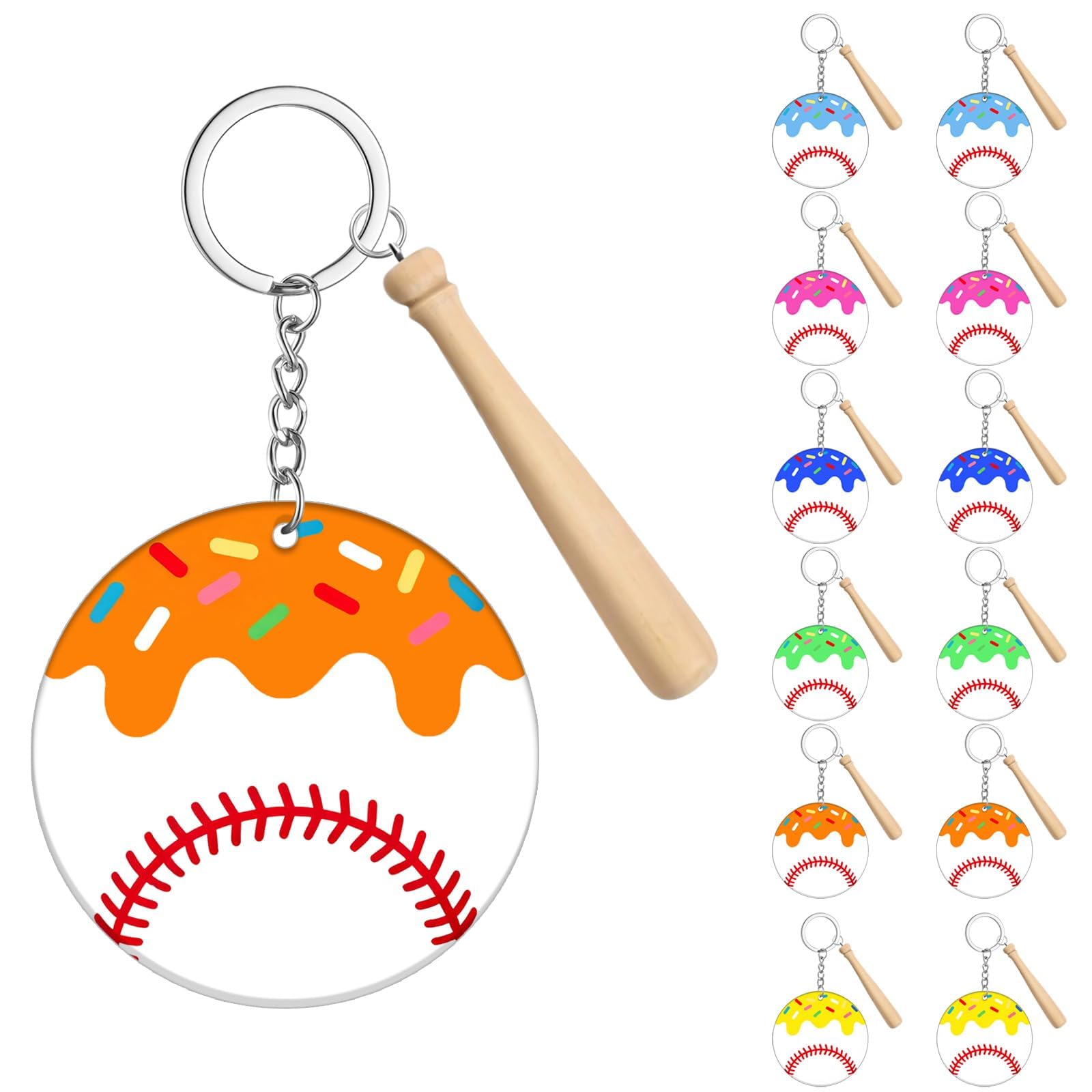 Photo 1 of 12Pcs Ice Cream Drip Baseball Keychain with Wooden Bat, Wooden Bat & Acrylic Token, Ice Cream Drip Baseball Party Favors Decorations, Theme Team Gifts for Backpack Decor, Sports Party Supplies