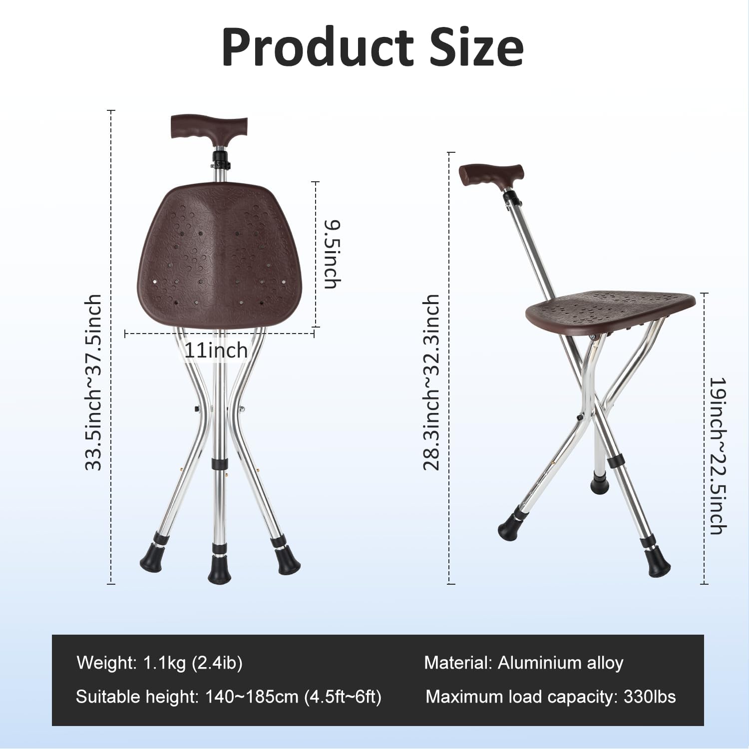 Cane with Seat Folding Lightweight,Height-Adjustable Cane,Chair for Seniors Supports Up to 330 Pounds,Anti-Slip Walking Stick for Elderly Men, Disabled