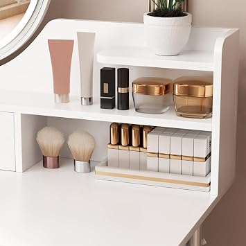 White Vanity Desk with LED Lighted Mirror and Lights, Vanity Desk with 4 Drawers & Opening Shelves, 3 Lighting Modes Adjustable Brightness, Bedroom Dressing Table White