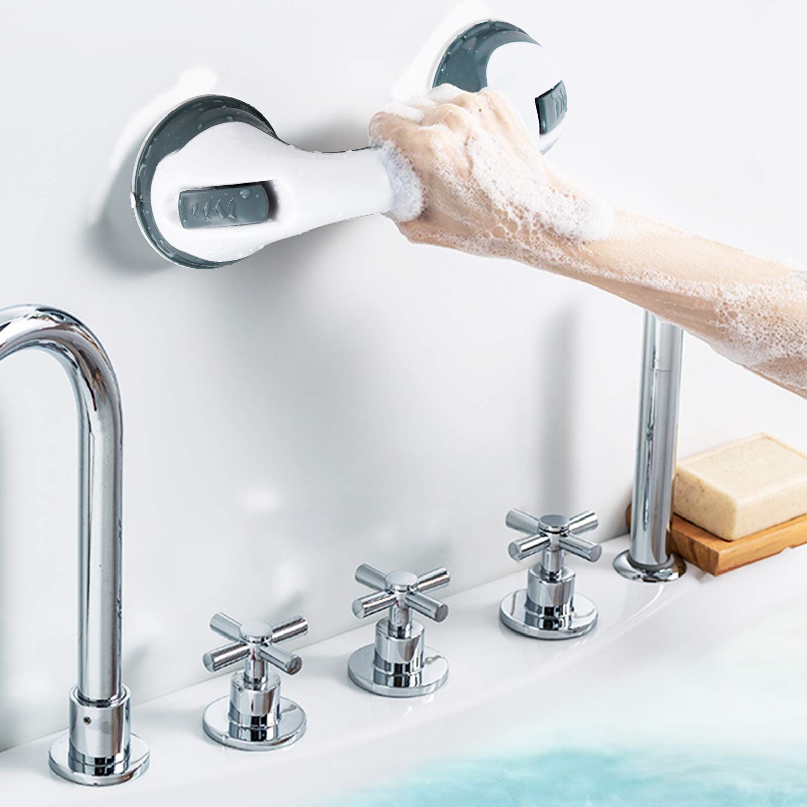 UISEBRT Sgabello da doccia girevole a 360°, regolabile in altezza, per doccia e bagno, antiscivolo, con ventosa, manico per vasca da bagno (sedia + maniglia)