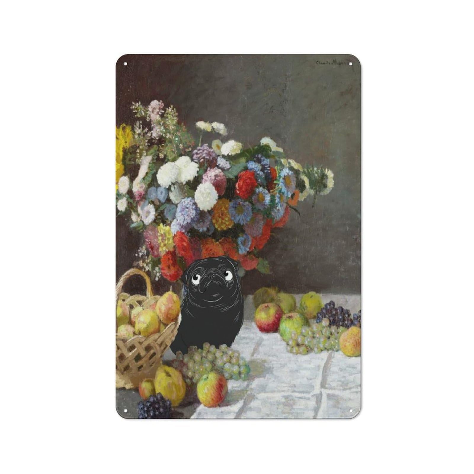 Junmoney Style-10 Vintage Pug Flowers Still Life Claude Monet Metal Plaque 30X20cm, Kitchen Wall Decor For Restaurant, Kitchen, Counter Or Breakfast Nook