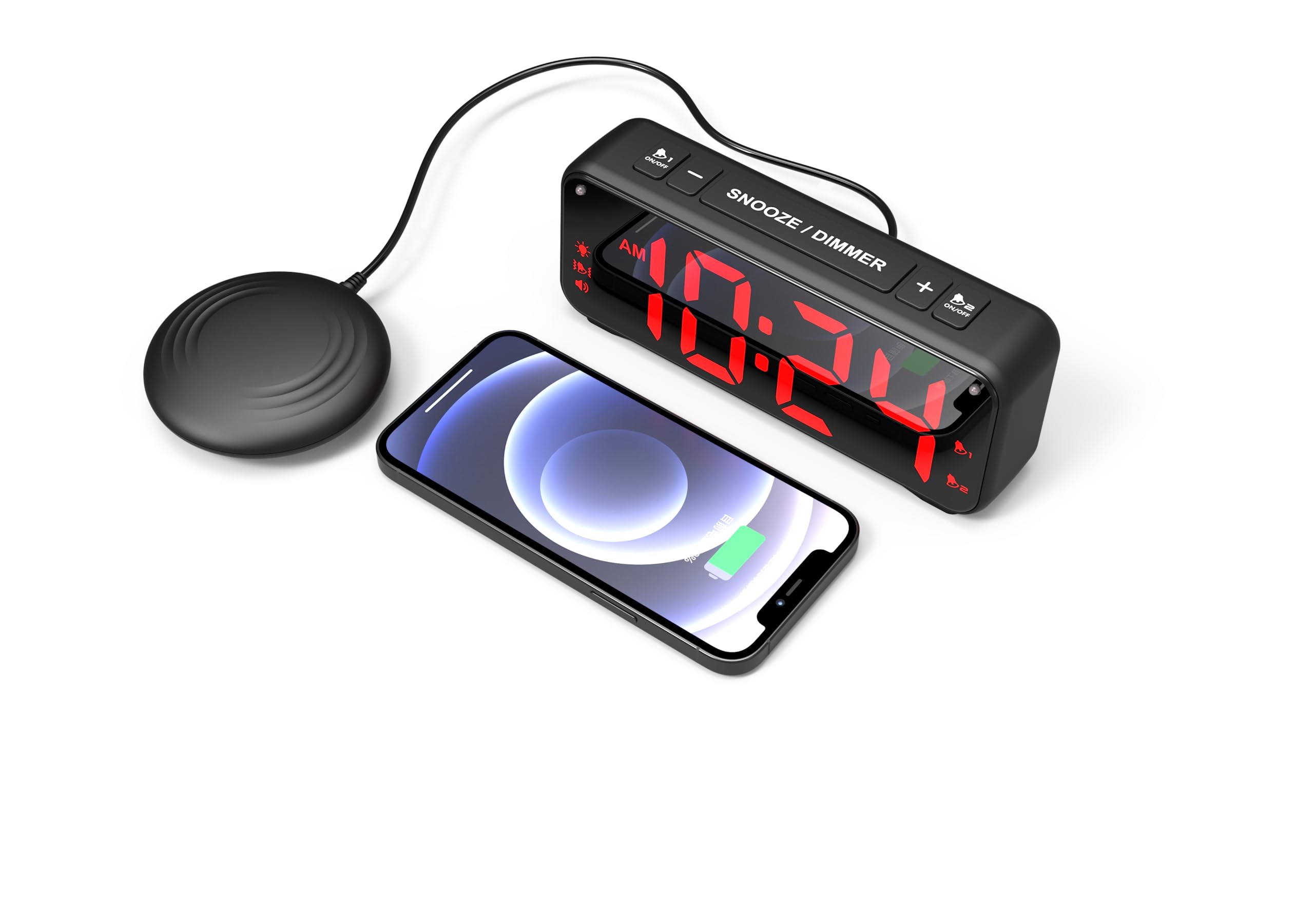Orologio professionale VIBRATION Orologio da tavolo XXL display anziani sveglia vibrante allarme vibrazione, 2 allarmi regolabili + cuscino vibrante per letto per non uditi, anziani + dormiente