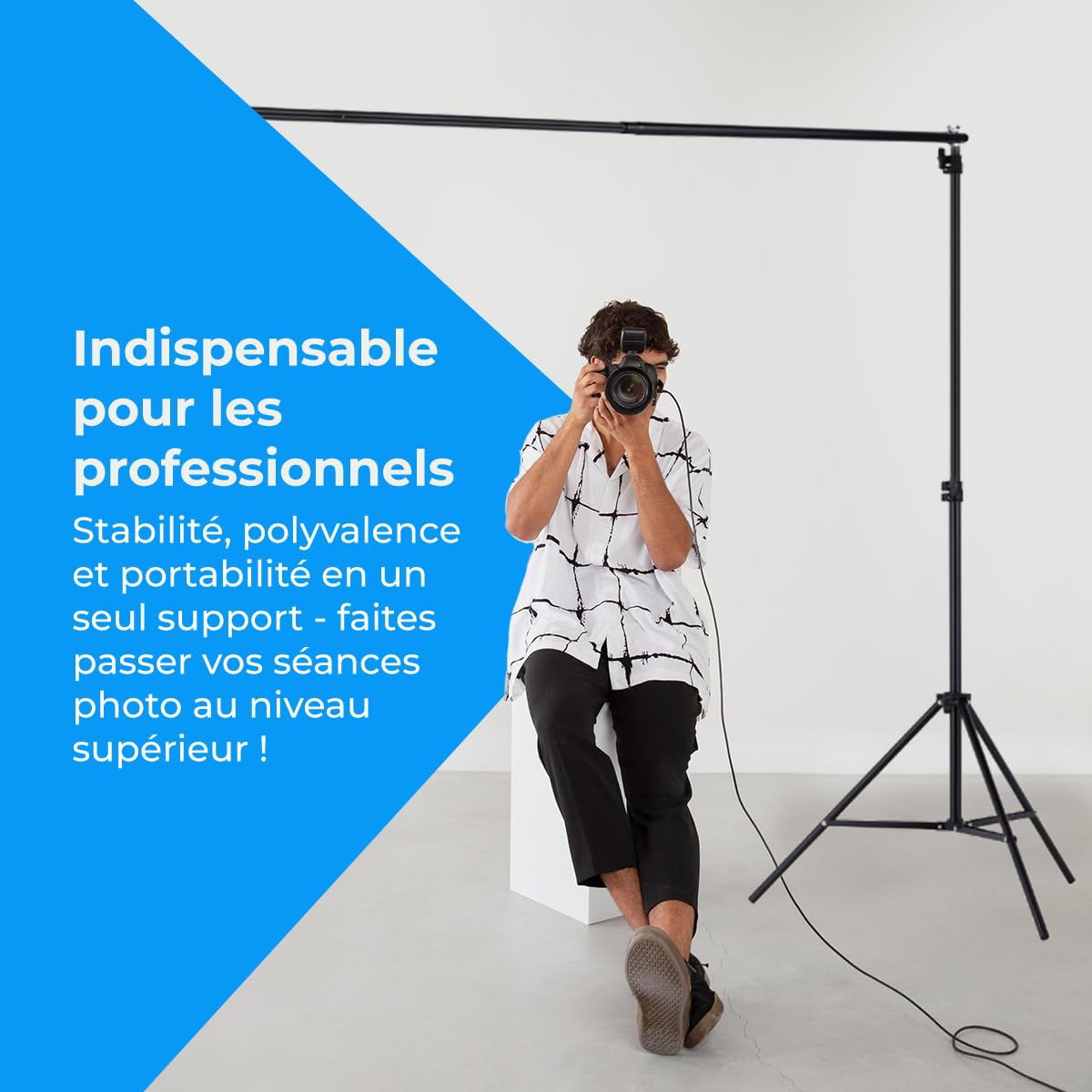 NK Support de Fond pour Photographie Professionnelle 2 x 3 mètres réglable et rétractable, 2 trépieds, 1 Barre transversale entrelacée, 6 Pinces, 4 Pinces latérales en Velcro, 1 Sac de Transport