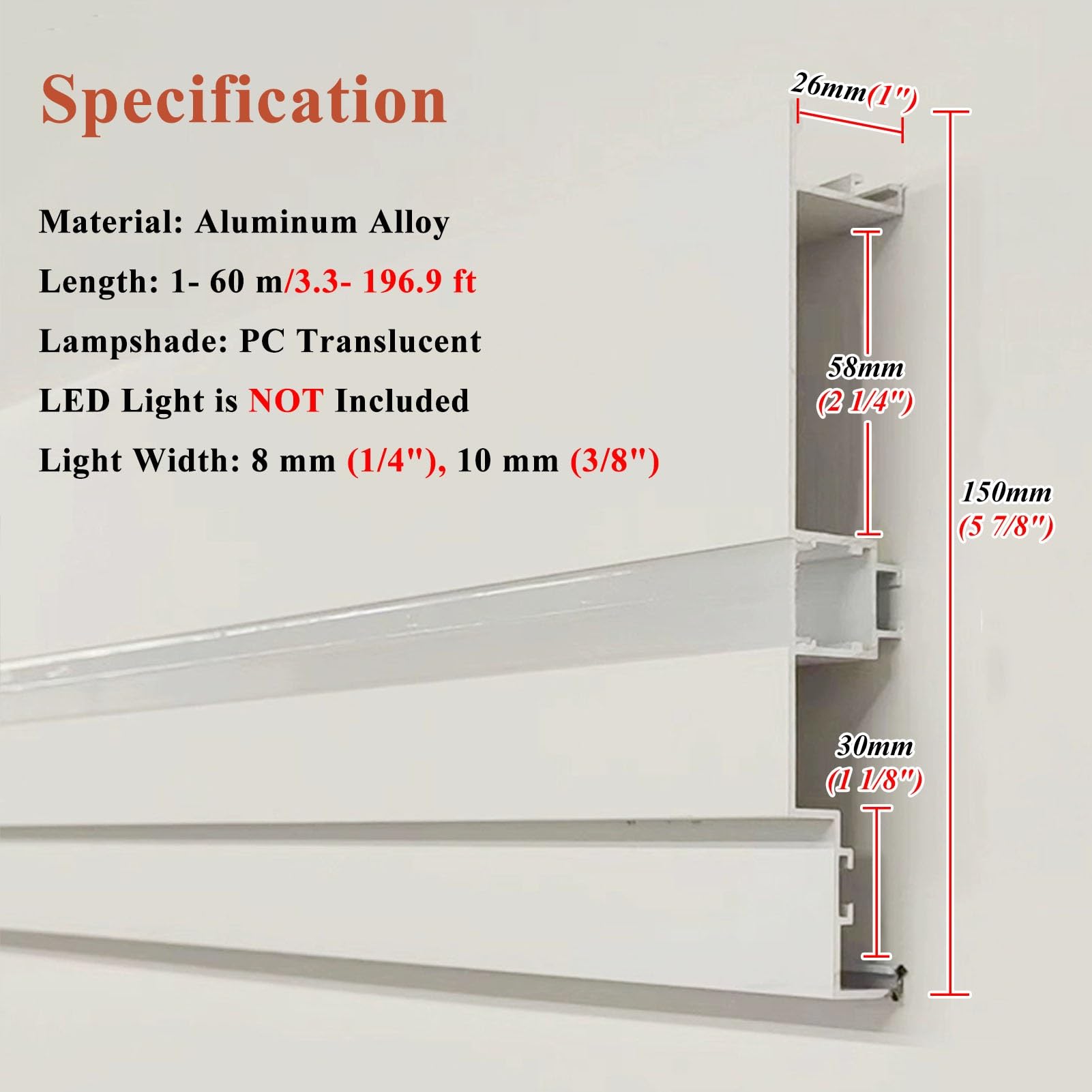 IBOWZ Duża osłona korony 5,9", oświetlenie otoczenia LED, aluminiowa osłona korony, rama sufitowa, biały kanał LED do taśm LED 1/4" 3/8"