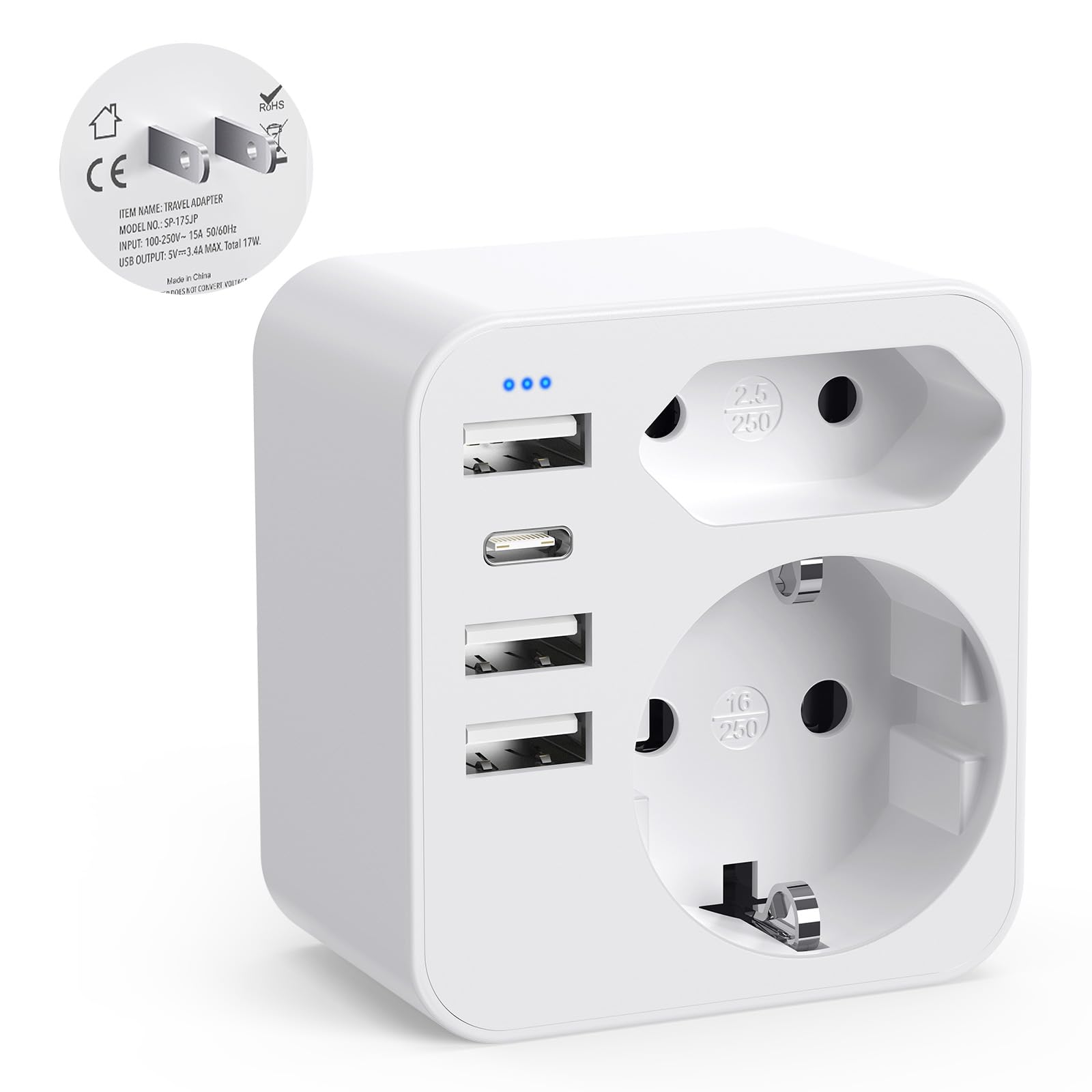 Reiseadapter Japan Steckdosenadapter, 6-in-1 Japan Adapter mit 3 USB 1 USB C(3.4A), Adapter Steckdose Typ A für USA, Kanada,Mexiko