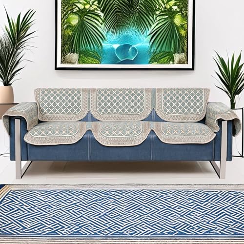 Image of Premium Chenille Woven Anti-Slip 3 Seater Sofa Cover with Arm Rest | L-Shape Sofa Seat Protector for Living Room | Durable & Stylish Slipcover - Teal