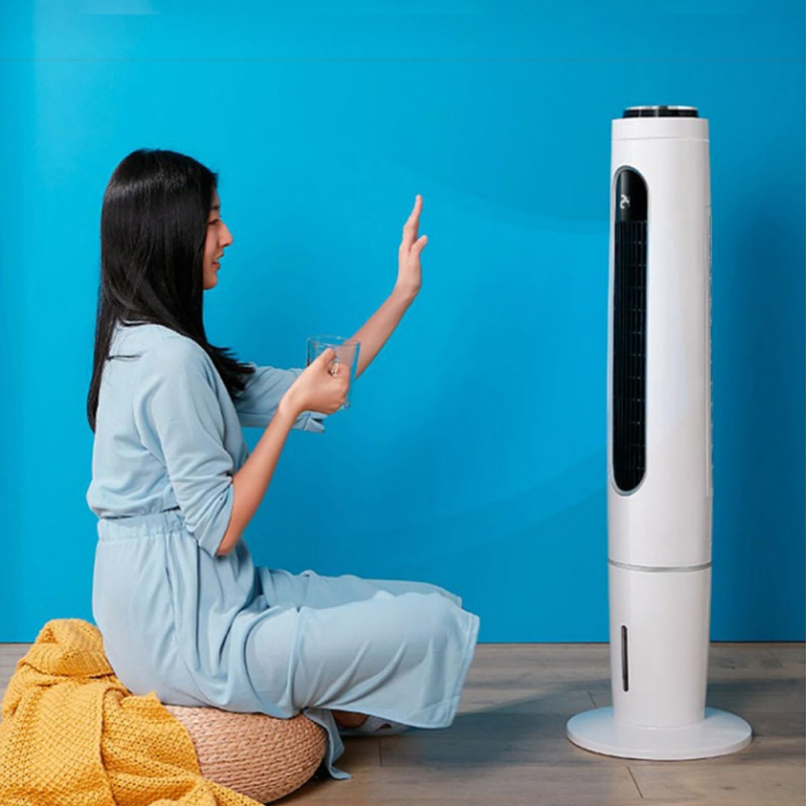 Wentylator Wieżowy Chłodzony Wodą o Średnicy 110cm do Sypialni | Klimatyzator Parowy, Oscylacyjny 60°, 3 Prędkości, 4-litrowym Zbiornikiem na Wodę, Tryb Cichego Snu do Biura Domowego
