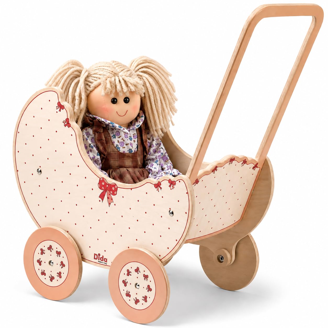 Dida - Landau en Bois pour Poupées Fiocco, Poussette pour Poupées jusqu'à 35 cm, Jeu de Rôle pour Enfants de 2 à 4 Ans, Parfait pour Petites Mamans et Papas, de Haute Qualité